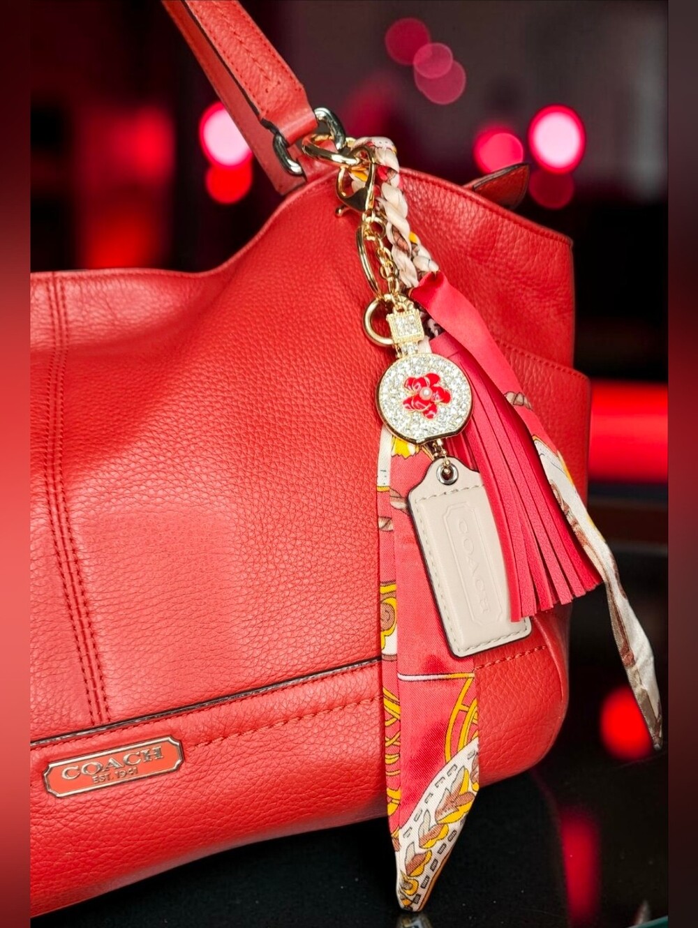 Coach Red Silk Scarf and Tassel Keychain Charm NWOT - Picture 4 of 12